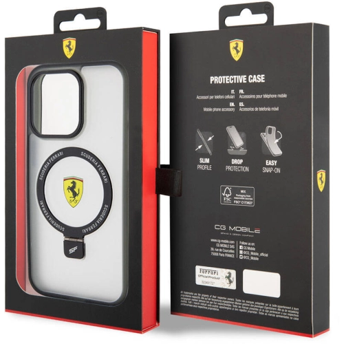 Apple iPhone 15 Pro Max (6.7) Kılıf Ferrari Magsafe Şarj Özellikli Standlı Buzlu Yüzey Dizayn Kapak - Transparan Siyah