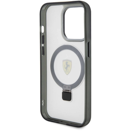 Apple iPhone 15 Pro Max (6.7) Kılıf Ferrari Magsafe Şarj Özellikli Standlı Buzlu Yüzey Dizayn Kapak - Transparan Siyah