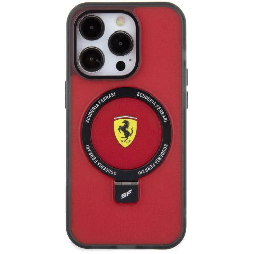 Apple iPhone 15 Pro Max (6.7) Kılıf Ferrari Magsafe Şarj Özellikli Standlı Buzlu Yüzey Dizayn Kapak - Transparan Siyah