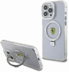 Apple iPhone 15 Pro Max (6.7) Kılıf Ferrari Magsafe Şarj Özellikli Standlı Buzlu Yüzey Dizayn Kapak - Gümüş