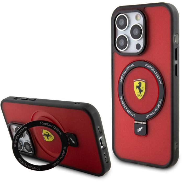 Apple iPhone 15 Pro Max (6.7) Kılıf Ferrari Magsafe Şarj Özellikli Standlı Buzlu Yüzey Dizayn Kapak - Kırmızı