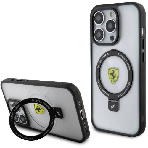 Apple iPhone 15 Pro Max (6.7) Kılıf Ferrari Magsafe Şarj Özellikli Standlı Buzlu Yüzey Dizayn Kapak - Transparan Siyah