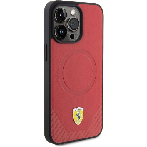 Apple iPhone 15 Pro Max (6.7) Kılıf Ferrari Orjinal Lisanslı Magsafe Şarj Özellikli Metal Logolu PU Karbon Kapak - Siyah