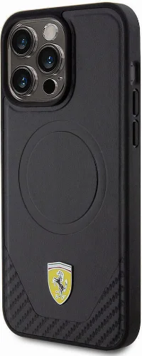 Apple iPhone 15 Pro Max (6.7) Kılıf Ferrari Orjinal Lisanslı Magsafe Şarj Özellikli Metal Logolu PU Karbon Kapak - Siyah
