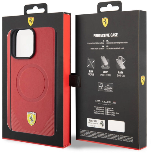 Apple iPhone 15 Pro Max (6.7) Kılıf Ferrari Orjinal Lisanslı Magsafe Şarj Özellikli Metal Logolu PU Karbon Kapak - Kırmızı