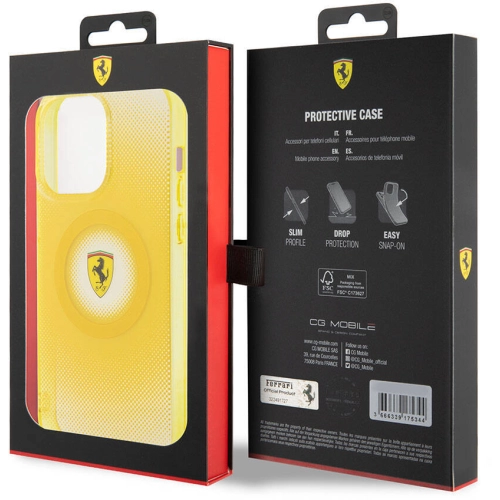 Apple iPhone 15 Pro Max (6.7) Kılıf Ferrari Orjinal Lisanslı Magsafe Şarj Özellikli Parçalanan Noktalar Desenli Kapak - Sarı