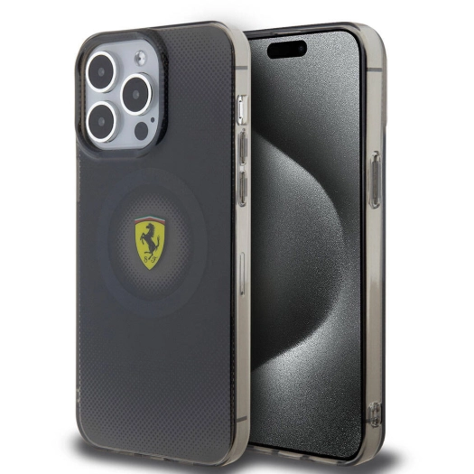 Apple iPhone 15 Pro Max (6.7) Kılıf Ferrari Orjinal Lisanslı Magsafe Şarj Özellikli Parçalanan Noktalar Desenli Kapak - Siyah