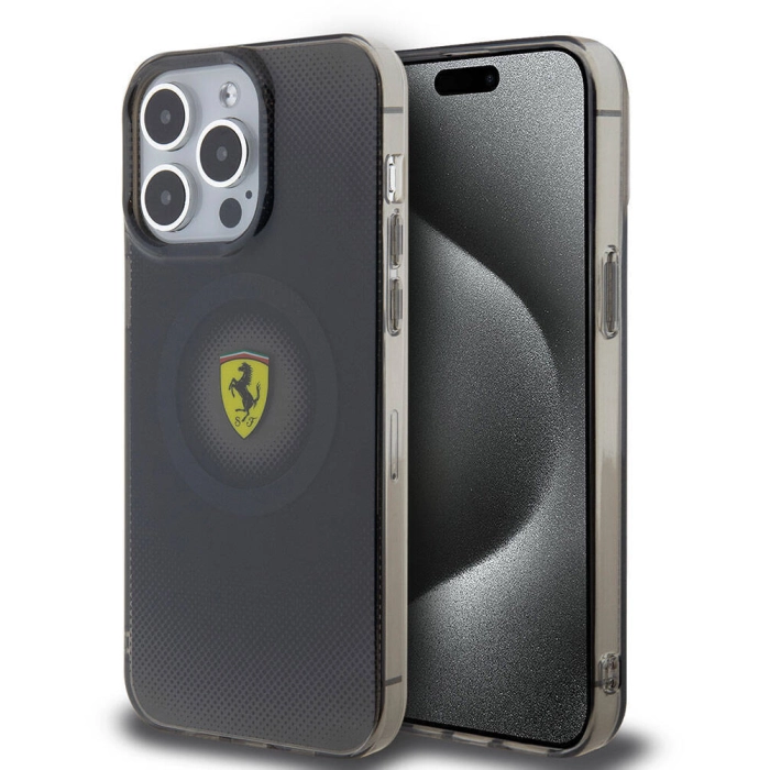 Apple iPhone 15 Pro Max (6.7) Kılıf Ferrari Orjinal Lisanslı Magsafe Şarj Özellikli Parçalanan Noktalar Desenli Kapak - Siyah