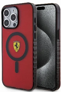 Apple iPhone 15 Pro Max (6.7) Kılıf Ferrari Orjinal Lisanslı Magsafe Şarj Özellikli Tırtıklı Kenar Tasarımlı Ortalanmış Logo Kapak - Kırmızı