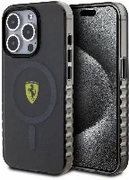 Apple iPhone 15 Pro Max (6.7) Kılıf Ferrari Orjinal Lisanslı Magsafe Şarj Özellikli Tırtıklı Kenar Tasarımlı Ortalanmış Logo Kapak - Siyah
