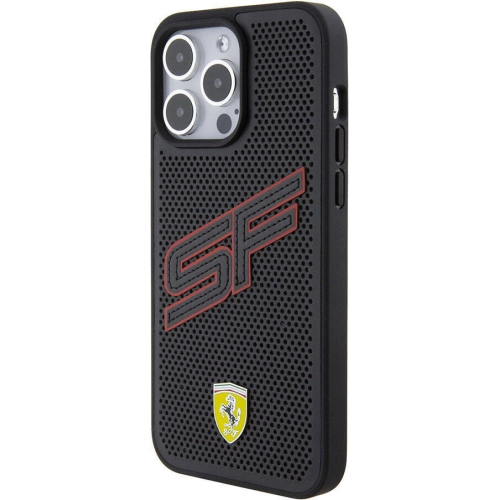 Apple iPhone 15 Pro Max (6.7) Kılıf Ferrari Orjinal Lisanslı PU Delikli Arka Yüzey Metal Logolu Dikişli Büyük SF Yazılı Kapak - Siyah