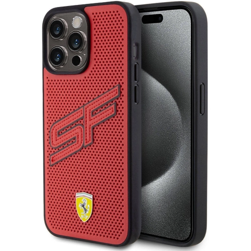 Apple iPhone 15 Pro Max (6.7) Kılıf Ferrari Orjinal Lisanslı PU Delikli Arka Yüzey Metal Logolu Dikişli Büyük SF Yazılı Kapak - Kırmızı