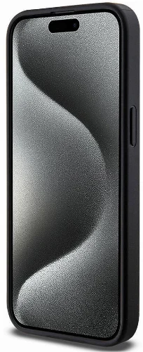 Apple iPhone 15 Pro Max (6.7) Kılıf Guess Magsafe Şarj Özellikli PU Deri Desenli Metal Plaka Logolu Kapak - Siyah