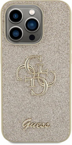 Apple iPhone 15 Pro Max Kılıf Guess Orjinal Lisanslı 4G Büyük Metal Logolu Glitter Kapak - Pembe