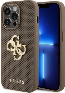 Apple iPhone 15 Pro Max Kılıf Guess Orjinal Lisanslı Delikli Yazı ve 4G Glitter Büyük Metal Logolu Kapak - Kahverengi