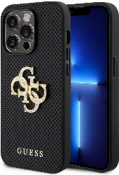 Apple iPhone 15 Pro Max Kılıf Guess Orjinal Lisanslı Delikli Yazı ve 4G Glitter Büyük Metal Logolu Kapak - Siyah