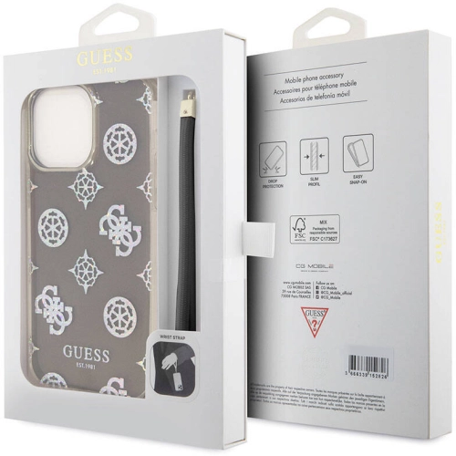 Apple iPhone 15 Pro Max Kılıf Guess Orjinal Lisanslı Desenli Yazı Logolu Askı İpli Holografik Glitter Peony Kapak - Siyah