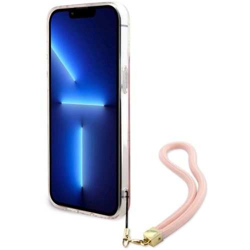 Apple iPhone 15 Pro Max Kılıf Guess Orjinal Lisanslı Desenli Yazı Logolu Askı İpli Holografik Glitter Peony Kapak - Turkuaz