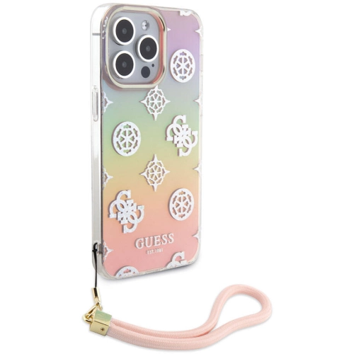 Apple iPhone 15 Pro Max Kılıf Guess Orjinal Lisanslı Desenli Yazı Logolu Askı İpli Holografik Glitter Peony Kapak - Mor