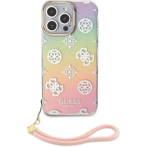 Apple iPhone 15 Pro Max Kılıf Guess Orjinal Lisanslı Desenli Yazı Logolu Askı İpli Holografik Glitter Peony Kapak - Pembe