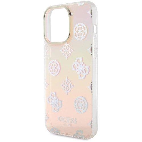 Apple iPhone 15 Pro Max Kılıf Guess Orjinal Lisanslı Desenli Yazı Logolu Askı İpli Holografik Glitter Peony Kapak - Pembe