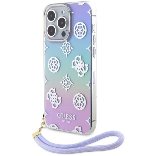 Apple iPhone 15 Pro Max Kılıf Guess Orjinal Lisanslı Desenli Yazı Logolu Askı İpli Holografik Glitter Peony Kapak - Mor