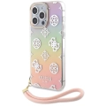 Apple iPhone 15 Pro Max Kılıf Guess Orjinal Lisanslı Desenli Yazı Logolu Askı İpli Holografik Glitter Peony Kapak - Pembe