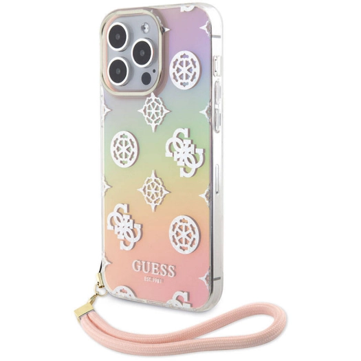 Apple iPhone 15 Pro Max Kılıf Guess Orjinal Lisanslı Desenli Yazı Logolu Askı İpli Holografik Glitter Peony Kapak - Pembe