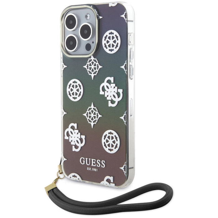 Apple iPhone 15 Pro Max Kılıf Guess Orjinal Lisanslı Desenli Yazı Logolu Askı İpli Holografik Glitter Peony Kapak - Siyah