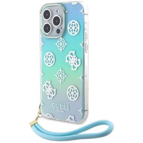 Apple iPhone 15 Pro Max Kılıf Guess Orjinal Lisanslı Desenli Yazı Logolu Askı İpli Holografik Glitter Peony Kapak - Turkuaz