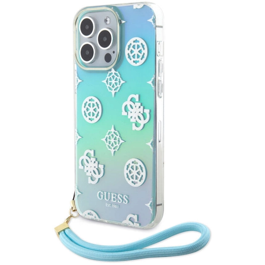 Apple iPhone 15 Pro Max Kılıf Guess Orjinal Lisanslı Desenli Yazı Logolu Askı İpli Holografik Glitter Peony Kapak - Turkuaz