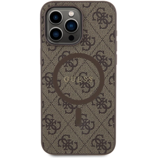 Apple iPhone 15 Pro Max (6.7) Kılıf Guess Orjinal Lisanslı Magsafe Şarj Özellikli 4G Desenli Yazı Logolu Kapak - Kahverengi
