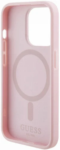 Apple iPhone 15 Pro Max Kılıf Guess Orjinal Lisanslı Magsafe Şarj Özellikli Yazı Logolu GCube Desenli Kapak - Pembe