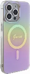 Apple iPhone 15 Pro Max Kılıf Guess Orjinal Lisanslı Magsafe Şarj Özellikli Yazı Logolu Iridescent Kapak - Pembe