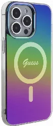 Apple iPhone 15 Pro Max Kılıf Guess Orjinal Lisanslı Magsafe Şarj Özellikli Yazı Logolu Iridescent Kapak - Siyah