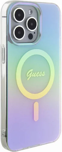 Apple iPhone 15 Pro Max Kılıf Guess Orjinal Lisanslı Magsafe Şarj Özellikli Yazı Logolu Iridescent Kapak - Turkuaz