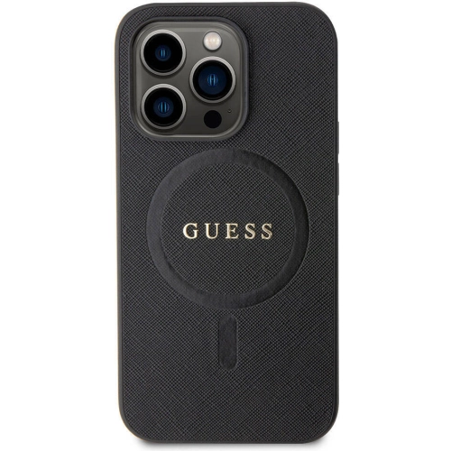 Apple iPhone 15 Pro Max Kılıf Guess Orjinal Lisanslı Magsafe Şarj Özellikli Yazı Logolu Saffiano Kapak - Krem