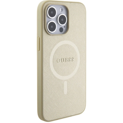 Apple iPhone 15 Pro Max Kılıf Guess Orjinal Lisanslı Magsafe Şarj Özellikli Yazı Logolu Saffiano Kapak - Krem