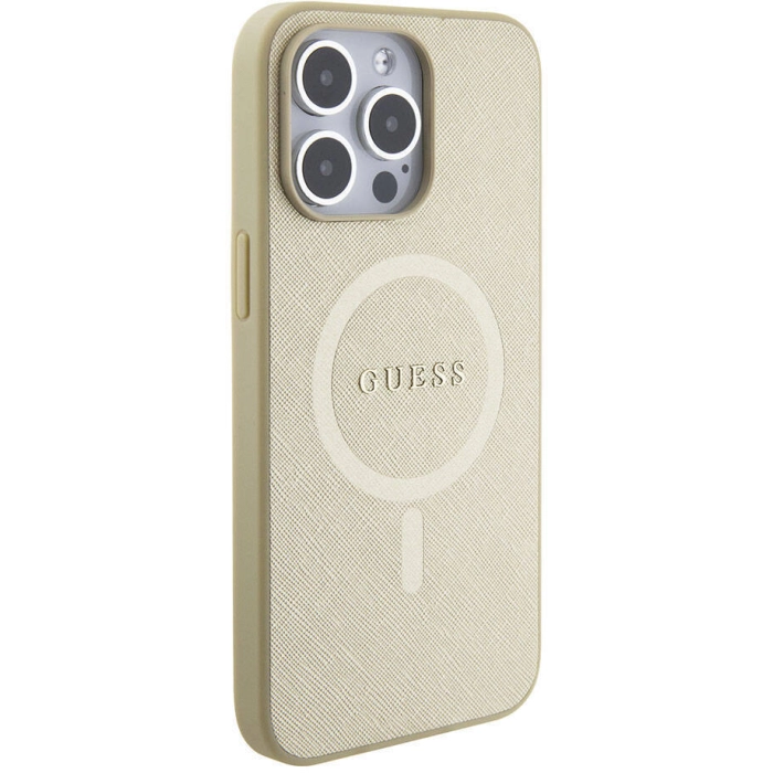 Apple iPhone 15 Pro Max Kılıf Guess Orjinal Lisanslı Magsafe Şarj Özellikli Yazı Logolu Saffiano Kapak - Krem