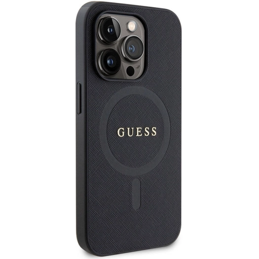 Apple iPhone 15 Pro Max Kılıf Guess Orjinal Lisanslı Magsafe Şarj Özellikli Yazı Logolu Saffiano Kapak - Siyah