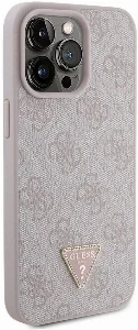 Apple iPhone 15 Pro Max Kılıf Guess Orjinal Lisanslı PU Deri Taşlı Üçgen Logo 4G Desenli Strass Kapak - Pembe