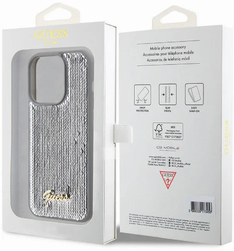Apple iPhone 15 Pro Max Kılıf Guess Orjinal Lisanslı Pullu Arka Yüzey Metal Yazı Logolu Sequin Script Kapak - Siyah
