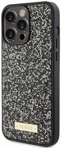 Apple iPhone 15 Pro Max Kılıf Guess Orjinal Lisanslı Taşlı Arka Yüzey Metal Yazı Logolu Kapak - Siyah