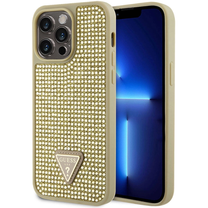 Apple iPhone 15 Pro Max Kılıf Guess Orjinal Lisanslı Taşlı Arka Yüzey Üçgen Logolu Kapak - Gold