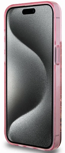 Apple iPhone 15 Pro Max (6.7) Kılıf Guess Orjinal Lisanslı Transparan Sıvılı Simli Altın Çizgili Kapak - Mor