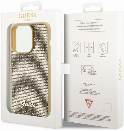 Apple iPhone 15 Pro Max Kılıf Guess Orjinal Lisanslı Yazı Logolu Disco Script Metal Kapak - Gold