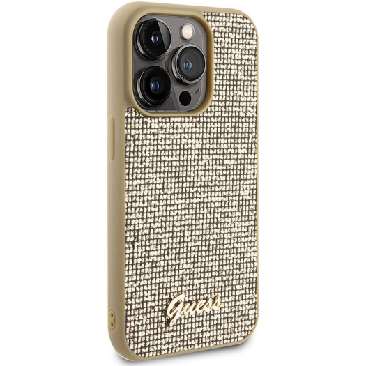 Apple iPhone 15 Pro Max Kılıf Guess Orjinal Lisanslı Yazı Logolu Disco Script Metal Kapak - Gold