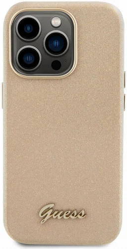Apple iPhone 15 Pro Max Kılıf Guess Orjinal Lisanslı Yazı Logolu Glitter Glossy Script Kapak - Gold