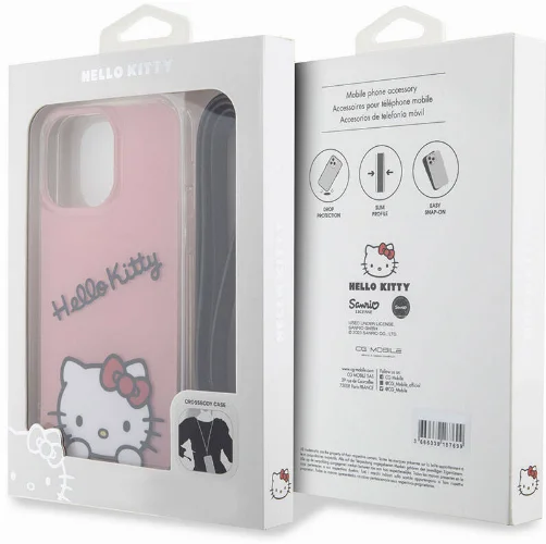 Apple iPhone 15 Pro Max (6.7) Kılıf Hello Kitty Orjinal Lisanslı Askılı Yazı ve İkonik Logolu Daydreaming Kapak - Pembe