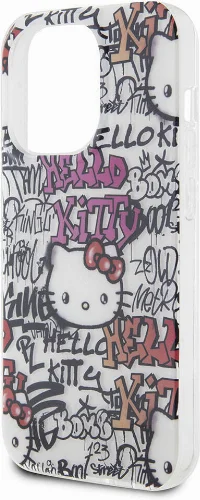 Apple iPhone 15 Pro Max (6.7) Kılıf Hello Kitty Orjinal Lisanslı İkonik Logolu Etiket Graffiti Kapak - Beyaz
